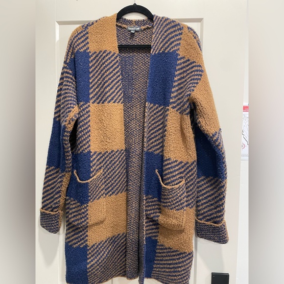 Toad&Co Cabin Fever Cardigan Size Medium Honey Navy Blue Tan Plaid‎ Wool Blend - Picture 2 of 4